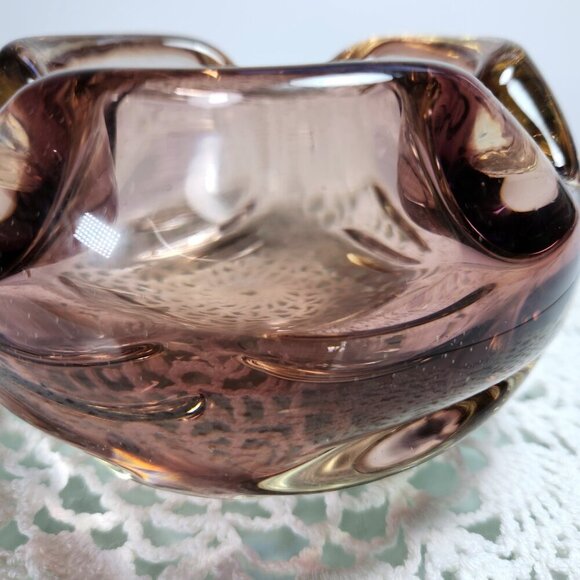 Art Glass Bowl Purple and Amber Rolled Edge Mid Century Home Decor - Picture 10 of 11